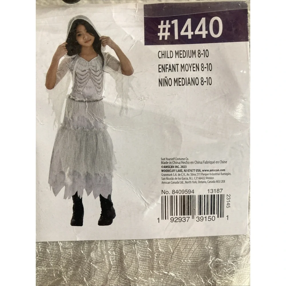 Ghost Girl Skeleton Halloween Costume Dress With Hood Size Child Medium 8-10 New - Picture 5 of 6